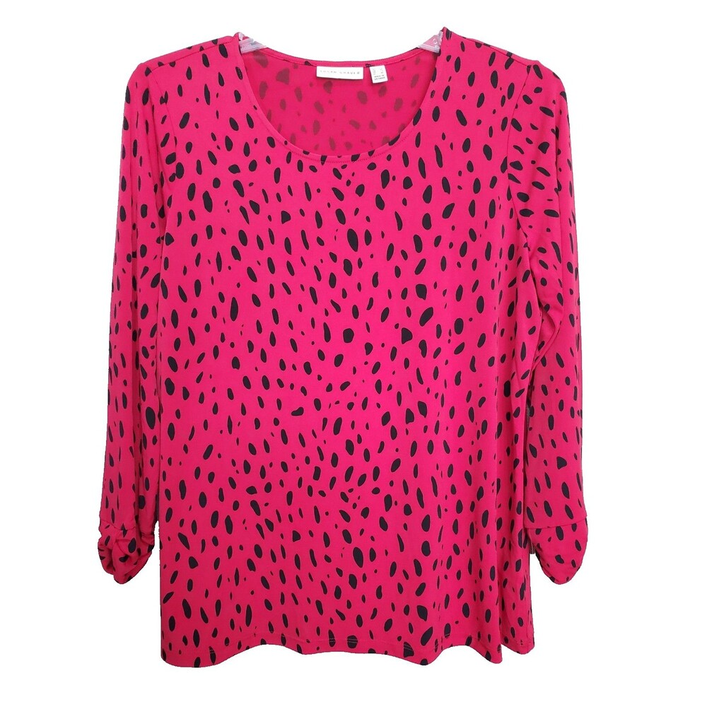 Susan Graver LiquidKnit Red Animal Print Twist-Sleeve Scoop Neck Top Size Large